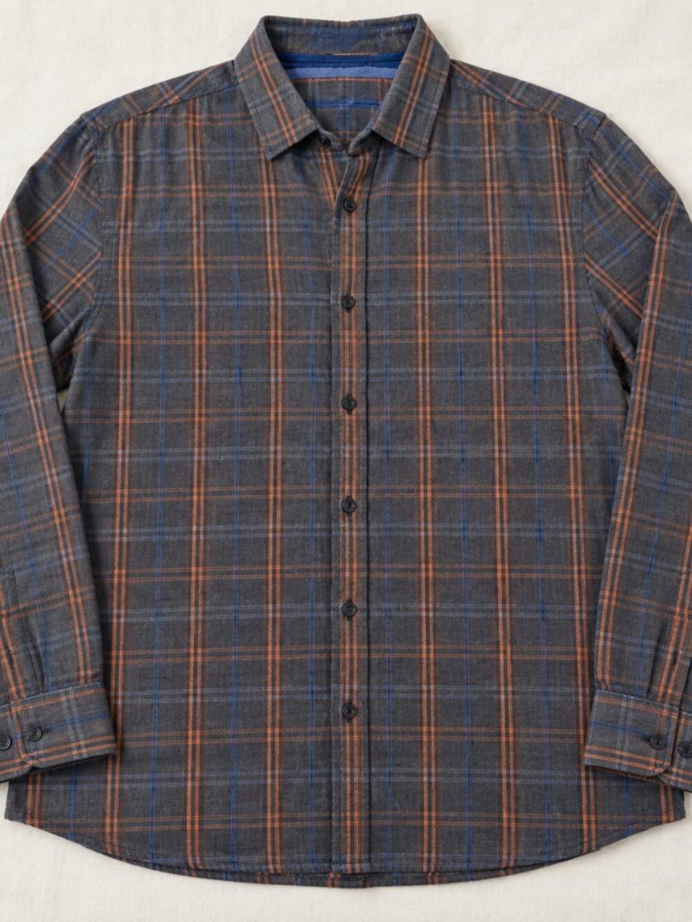 Tasso Elba Men’s XL Plaid Cotton Button Up Shirt Orange Blue Charcoal